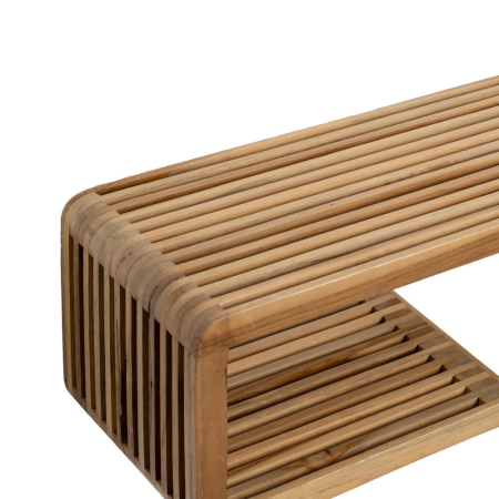 Raft de perete din tec reciclat waterfall cu șipci canelate – vedere frontală, textură de tec și caneluri tip baguette. [2]