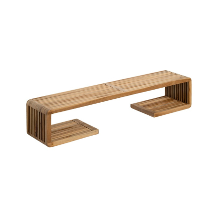 Raft de perete din tec reciclat waterfall cu șipci canelate – vedere frontală, textură de tec și caneluri tip baguette. [1]