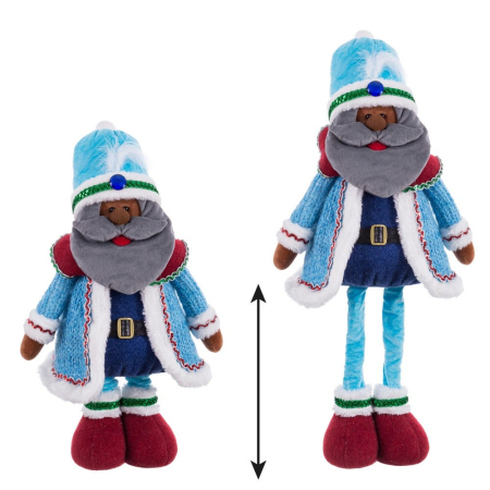 Craciun - Rege albastru cu picioare lungi din textil cu căciulă bleu barbă gri palton cu blană și pantaloni bleumarin