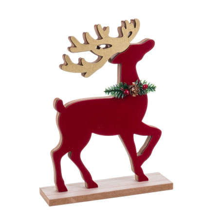 Obiecte decorative - Ren decorativ din MDF roșu catifelat cu coarne aurii ramură de ilice și soclu de lemn