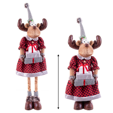 Obiecte decorative - Ren fetiță textil cu picioare telescopice în rochiță în carouri roșii cu cadouri în brațe