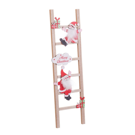 Craciun - Scară decorativă din lemn natural cu doi Moși Crăciun care urcă treptele și etichetă Merry Christmas