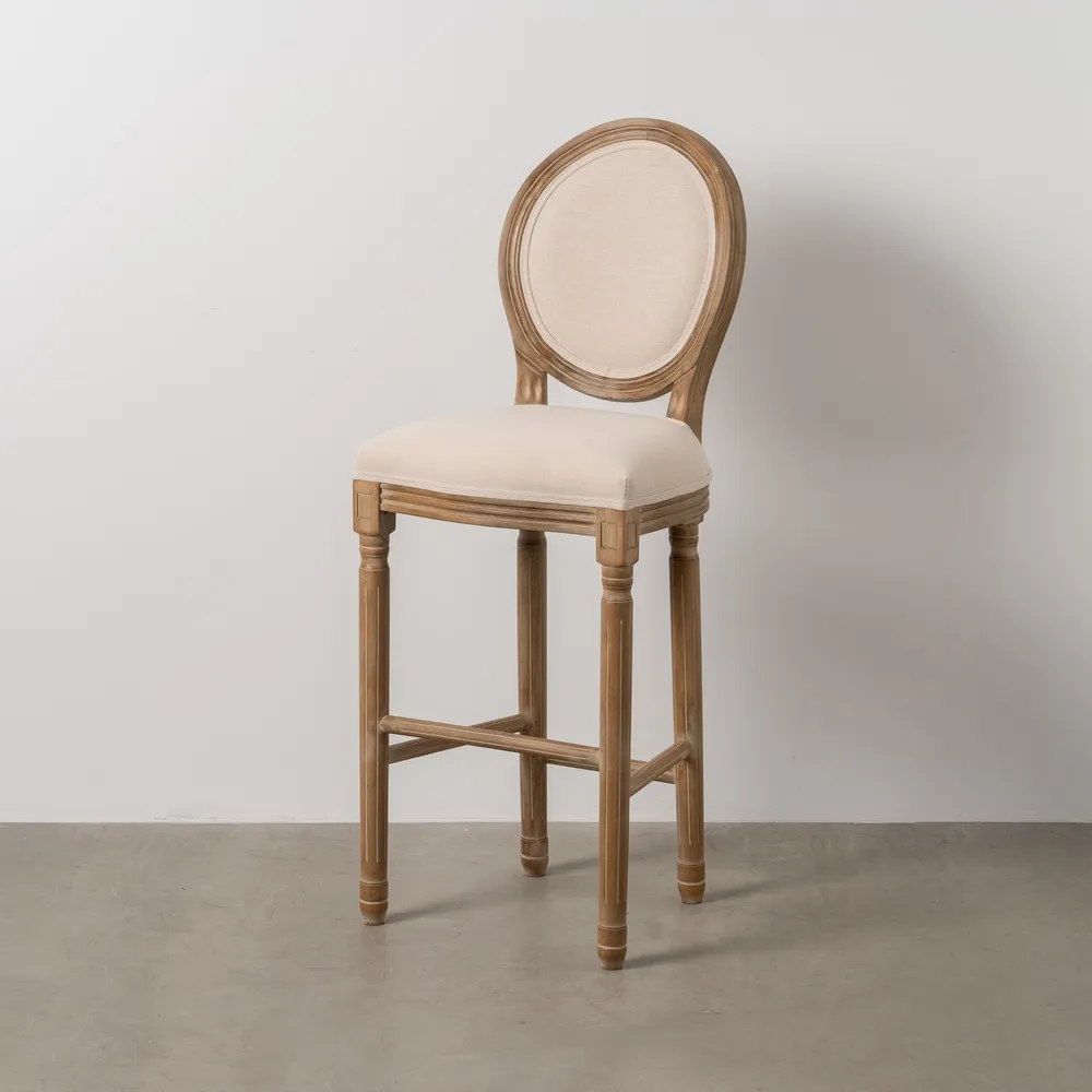 Scaun bar înalt cu spătar oval, lemn sculptat și tapițerie din in alb, 45×55×116 cm [1]
