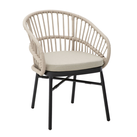 MEGA PROMOTII - Scaun cu brațe aluminiu negru și ratan sintetic crem cu pernă