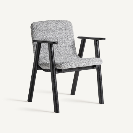 Scaune - Scaun cu brațe din lemn negru cu șezut tapițat gri Jacquard