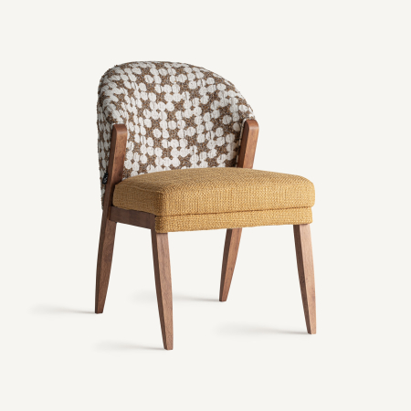 Scaune in Stil Contemporan - Scaun cu spătar curbat din jacquard maro și alb, șezut galben muștar și picioare conice