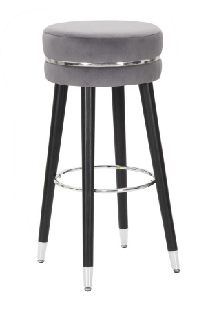 Scaune de bar - Scaun bar tapițat gri rotund, Ø35 x 74 cm, picioare din lemn cu capete argintii și suport de picioare crom, stil modern