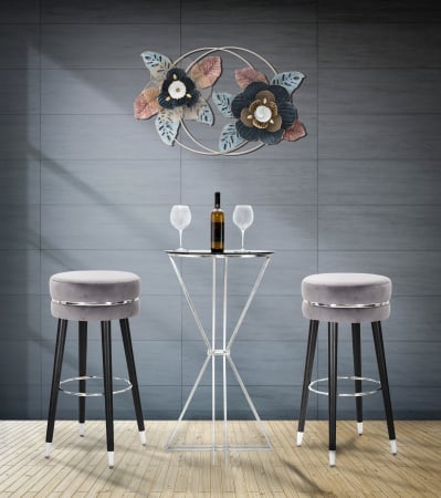 Scaun bar tapițat gri rotund, Ø35 x 74 cm, picioare din lemn cu capete argintii și suport de picioare crom, stil modern [1]