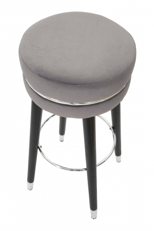 Scaun bar tapițat gri rotund, Ø35 x 74 cm, picioare din lemn cu capete argintii și suport de picioare crom, stil modern [3]