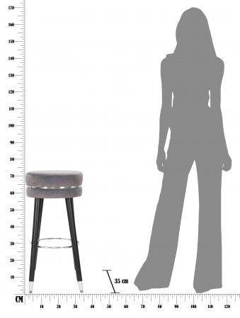 Scaun bar tapițat gri rotund, Ø35 x 74 cm, picioare din lemn cu capete argintii și suport de picioare crom, stil modern [7]