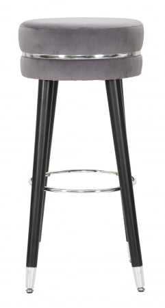 Scaun bar tapițat gri rotund, Ø35 x 74 cm, picioare din lemn cu capete argintii și suport de picioare crom, stil modern [2]