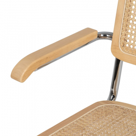Scaun dining metal cromat cu ratan natural și brațe lemn – stil mid-century modern [6]