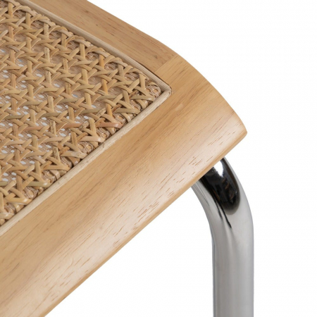 Scaun dining metal cromat cu ratan natural și brațe lemn – stil mid-century modern [7]