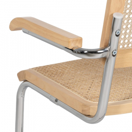 Scaun dining metal cromat cu ratan natural și brațe lemn – stil mid-century modern [8]