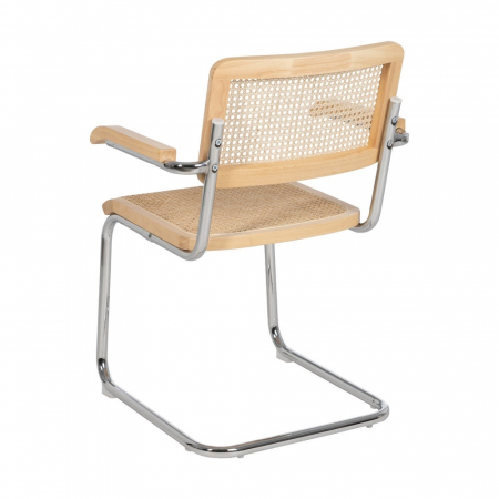 Scaun dining metal cromat cu ratan natural și brațe lemn – stil mid-century modern [3]
