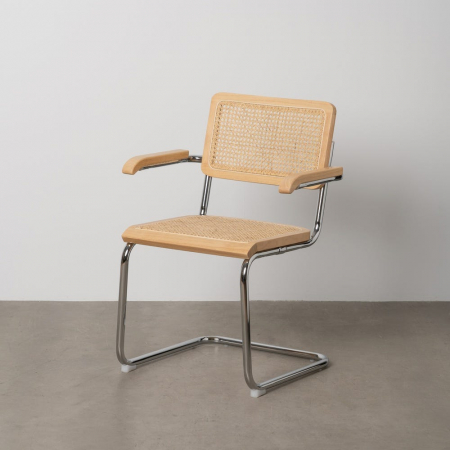Scaune in Stil Contemporan - Scaun dining metal cromat cu ratan natural și brațe lemn – stil mid-century modern