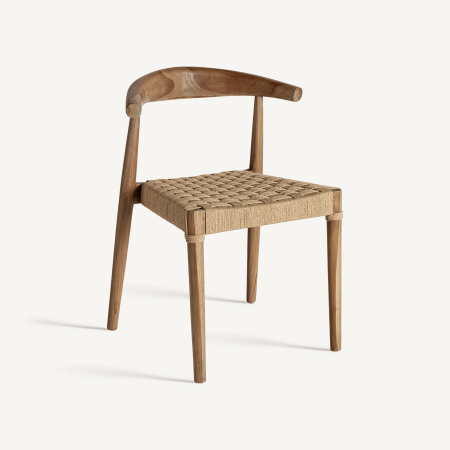 Stil de design - Scaun de tec cu spătar curbat în arc, picioare conice și șezut lat din frânghie împletită