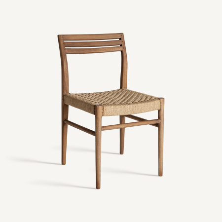 Stil de design - Scaun de tec cu trei lamele orizontale în spătar și șezut din frânghie maro deschis