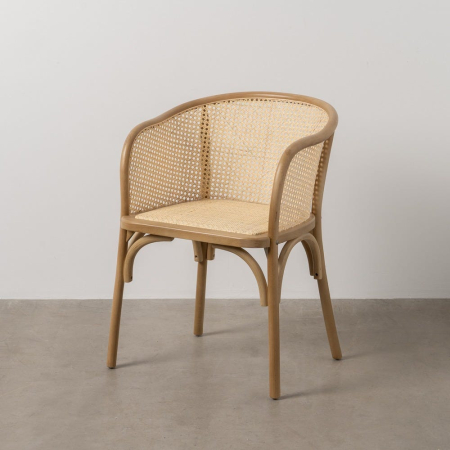 Scaunul dining din lemn de ulm natural cu brate si spatar si sezut din ratan impletit pentru interior 56x58x77 cm