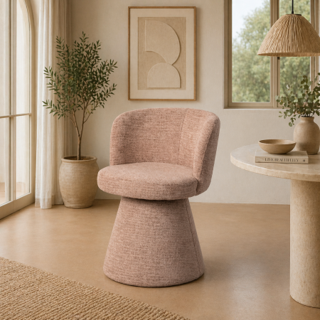 Scaun dining din stofă roz cu bază conică rotativă modern