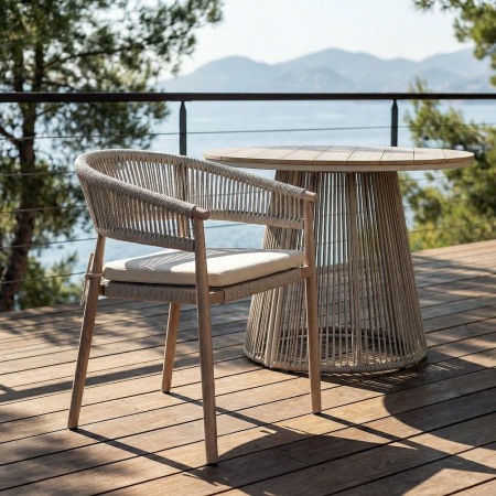 Scaune - Scaun dining exterior HoReCa cu spătar curbat din ratan sintetic bej și structură din oțel