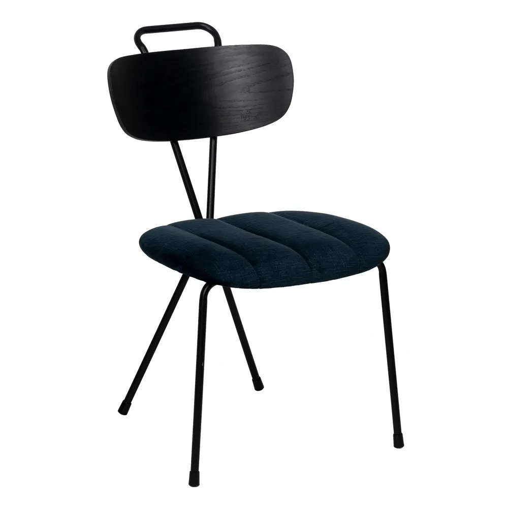 Scaune de birou - Set de 4 scaune dining catifea albastră, spătar lemn negru și picioare metalice zvelte, stil retro-modern