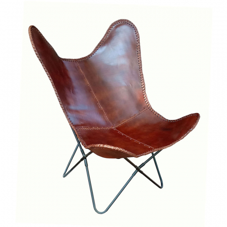 Scaune - Scaun lounge Mariposa din piele cognac cu structură metalică – stil boho