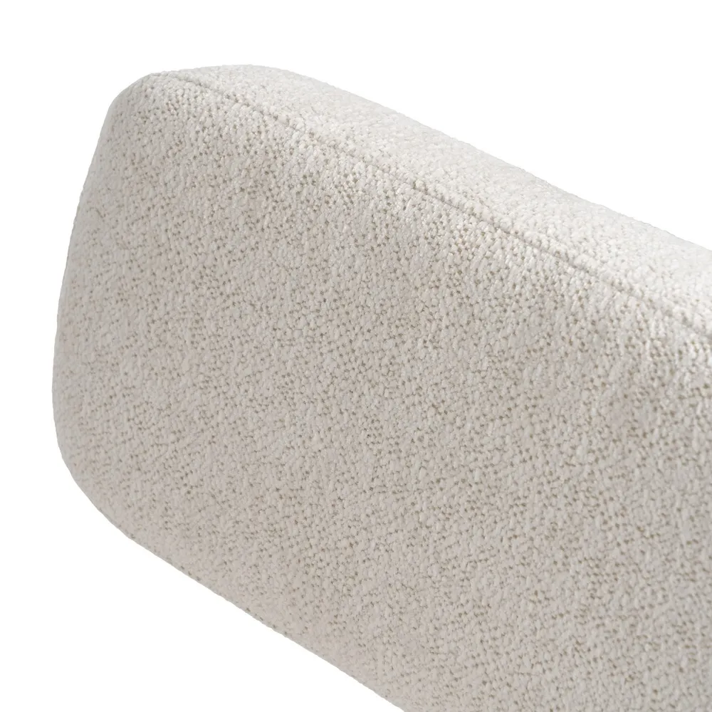 Scaun lounge tapițat bouclé alb crem, structură metalică neagră, design minimalist și confort moale [8]