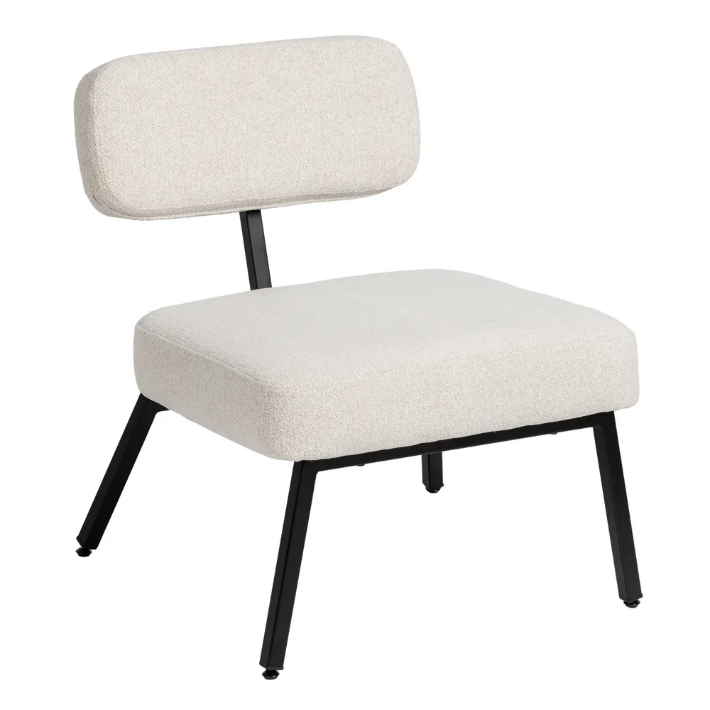 Scaune in Stil Scandinav - Scaun lounge tapițat bouclé alb crem, structură metalică neagră, design minimalist și confort moale