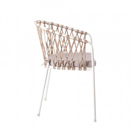 Scaun Myra Blanco Topo cu structură albă, împletitură decorativă topo și pernă crem, ideal pentru terase boho chic și lounge-uri relaxate [2]