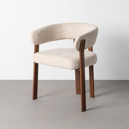 Mobilier - Scaun tapițat crem din stofă bouclé cu spătar semicircular și brațe joase pe picioare din oțel