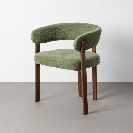 Mobilier - Scaun tapițat verde din stofă bouclé cu spătar semicircular și brațe joase pe picioare din oțel