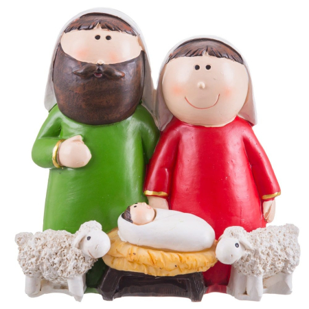 Obiecte decorative - Scenă a Nașterii cu iesle aurie Iosif Maria pruncul și doi mieluși albi din rășină pictată
