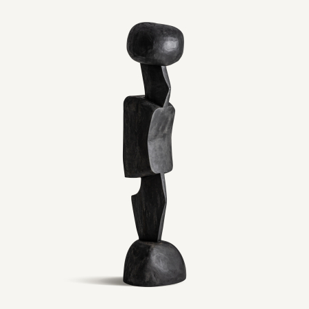 Obiecte decorative - Sculptură din lemn de tec negru cu cap rotund, trunchi lat cu placă deschisă și soclu bombat