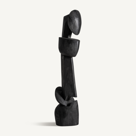Obiecte decorative - Sculptură din lemn de tec negru mat cu disc oval în vârf, bol lat și soclu bombat