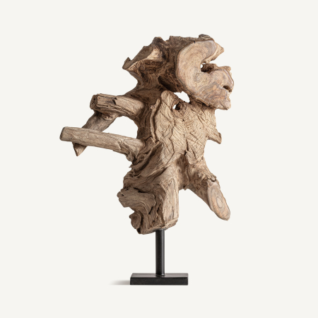 Statuete si Sculpturi - Sculptură din lemn de tec cu formă naturală și noduri, ridicată pe o tijă neagră subțire