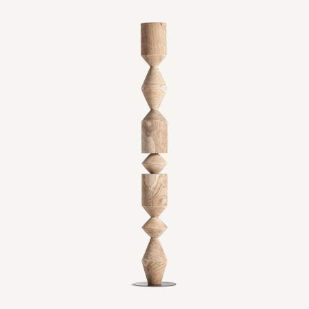 Obiecte decorative - Șir de cilindri și biconuri din lemn de tec deschis, cu fibră vizibilă, pe disc metalic
