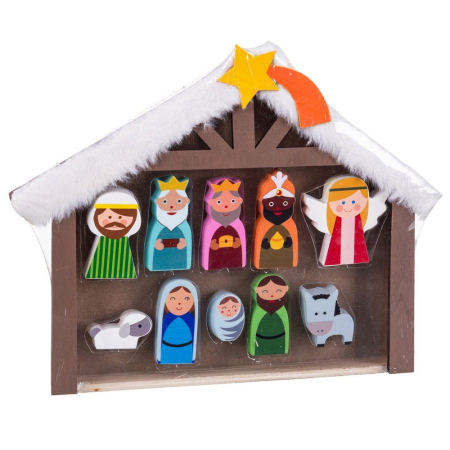 Craciun - Set 10 figurine ale Nașterii din lemn pictat într-un staul cu acoperiș înzăpezit craii păstorii îngerii și mieluții