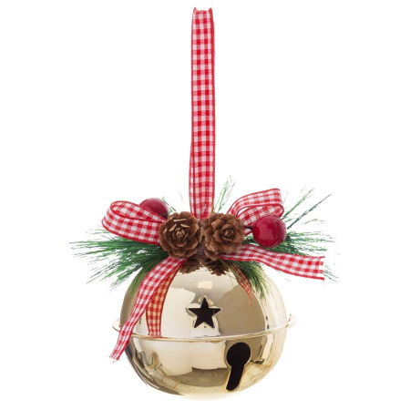 Obiecte decorative in Stil Clasic - Set 12 clopoței mari aurii de ușă cu stea decupată fundă în carouri conuri de pin și crenguță