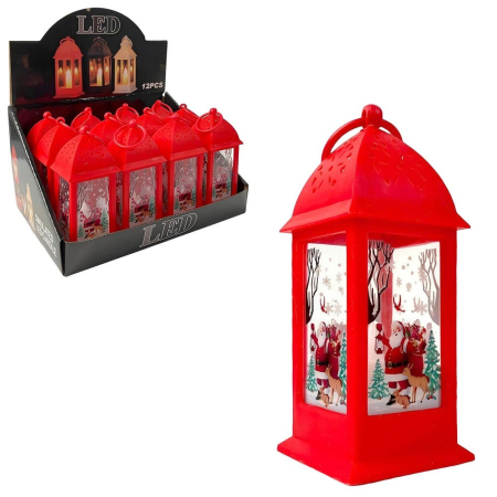 Craciun - Set 12 felinare roșii din plastic cu lumină cu Moș Crăciun și ren în geam în cutie