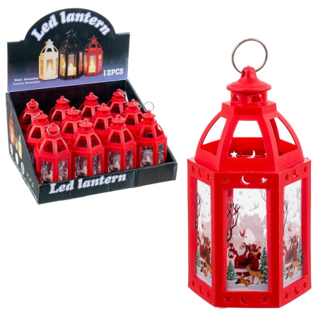 Craciun - Set 12 felinare roșii hexagonale din plastic cu lumină cu Moș Crăciun în cutie de prezentare