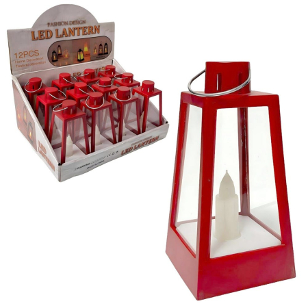 Scandinav - Set 12 felinare trapezoidale roșii din plastic cu lumină cu lumânare LED în cutie de prezentare