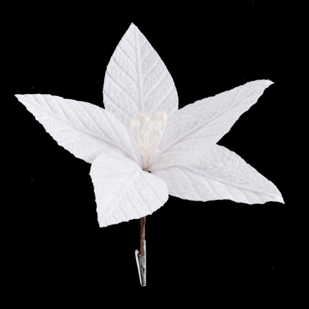 Craciun - Set 12 flori poinsettia albe cu clemă din textil cu petale pliate fin miez de stamine albe