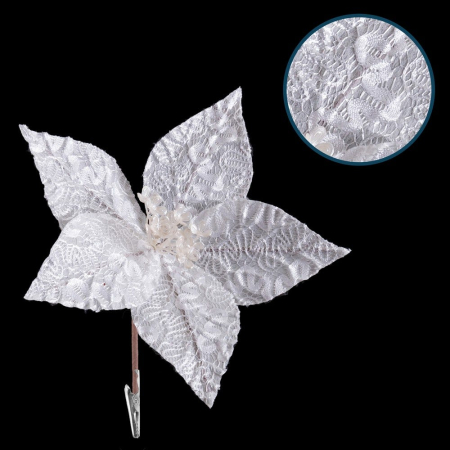 Craciun - Set 12 flori poinsettia albe cu model argintiu de dantelă pe petale miez de stamine albe și clemă