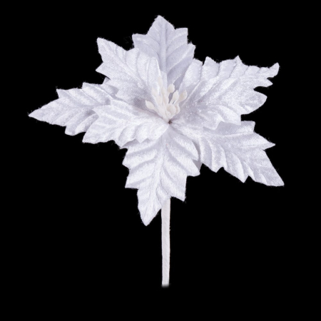 Craciun - Set 12 flori poinsettia albe din textil cu petale lucioase nervurate miez alb de stamine și tijă flexibilă