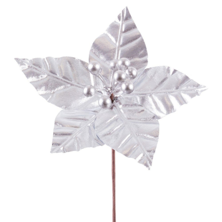Craciun - Set 12 flori poinsettia argintii din textil cu cinci petale nervurate și ciorchine de bobițe argintii pe tijă