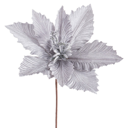 Craciun - Set 12 flori poinsettia argintii din textil cu petale foarte mari pliate stamine metalice în centru și tijă