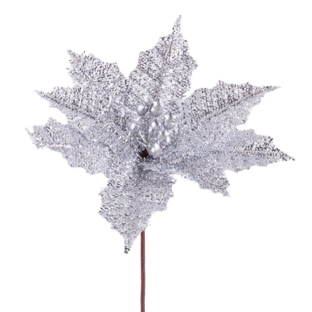 Craciun - Set 12 flori poinsettia argintii din textil cu petale acoperite cu sclipici fin ciorchine de perle și tijă