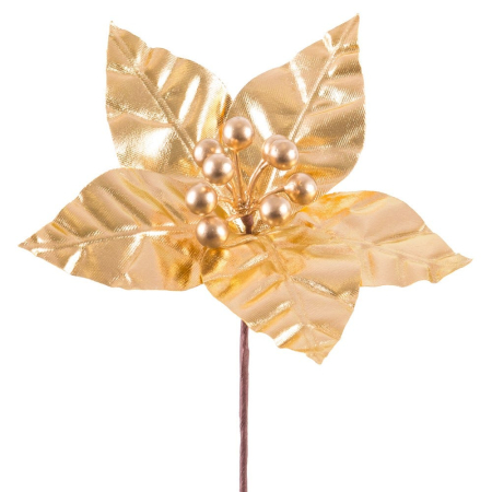 Craciun - Set 12 flori poinsettia aurii din textil cu cinci petale lucioase și ciorchine de bobițe aurii pe tijă