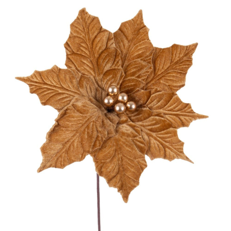 Craciun - Set 12 flori poinsettia caramel auriu din textil cu opt petale cu aspect de catifea și perle aurii